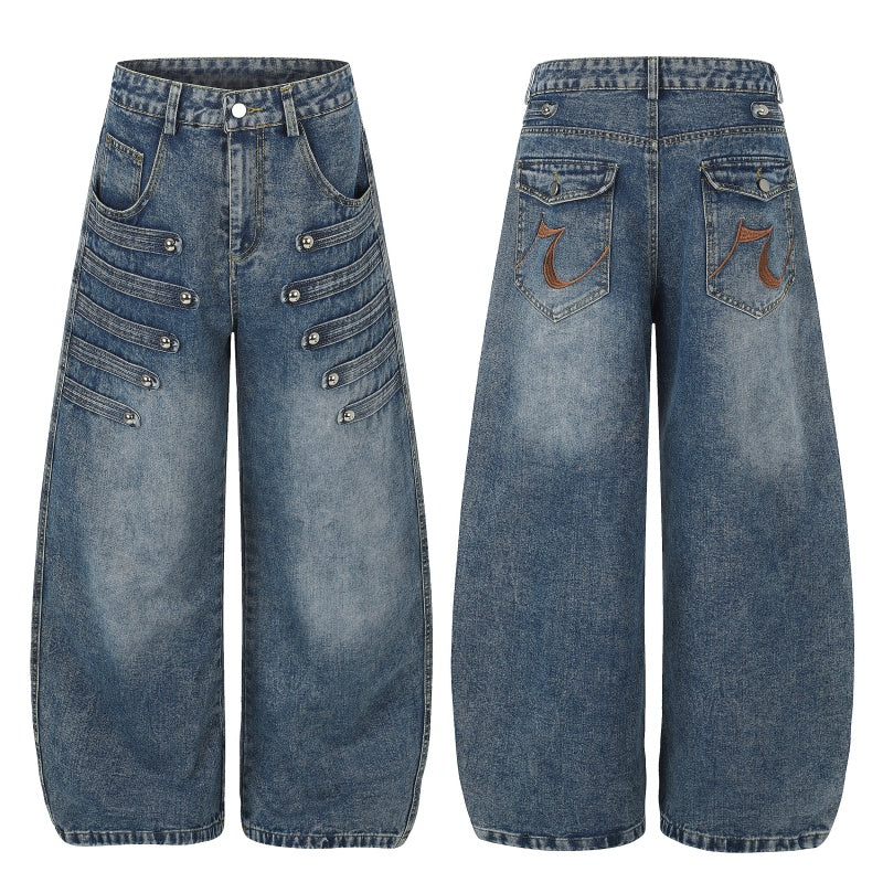 American-style streetwear harem pants Multi Rivet Stitch Barrel Denim
