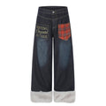 American-style streetwear harem pants Grunge Furry Hem Contrast Plaid Pocket Denim