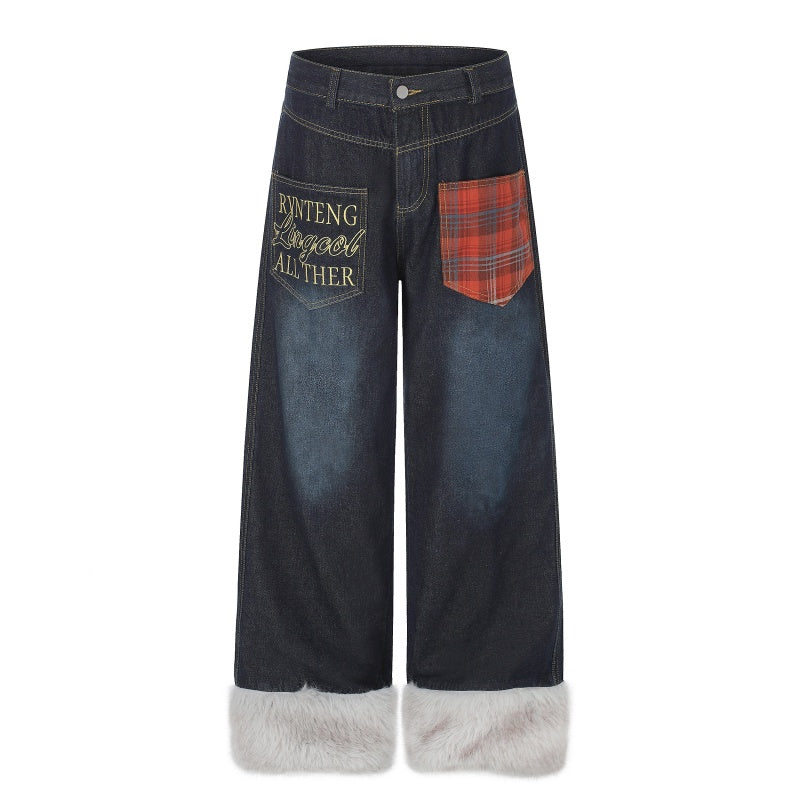 American-style streetwear harem pants Grunge Furry Hem Contrast Plaid Pocket Denim