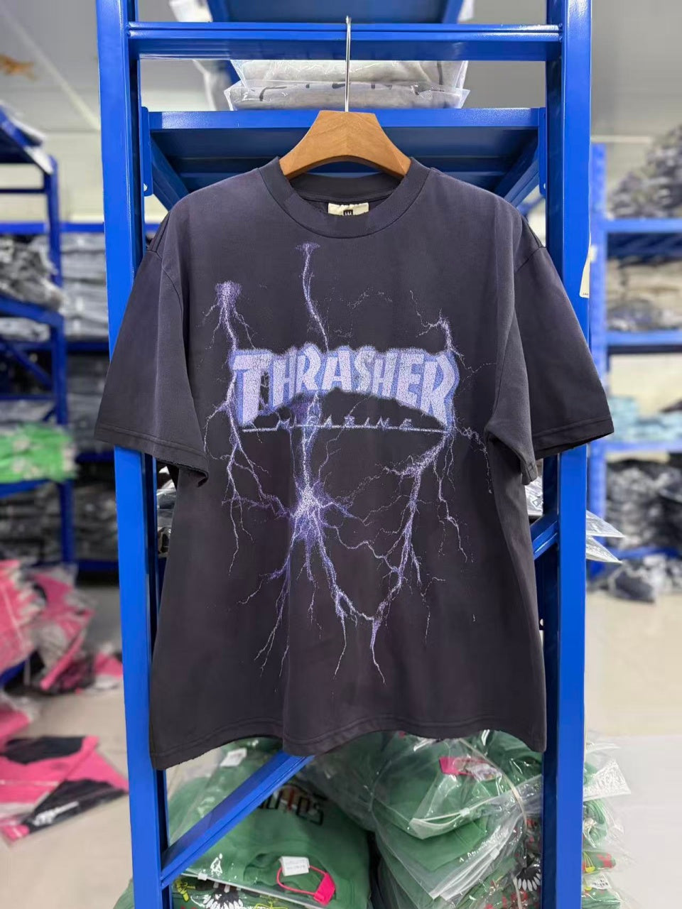 Vintage style washed summer wear T shirt Purple Lightning