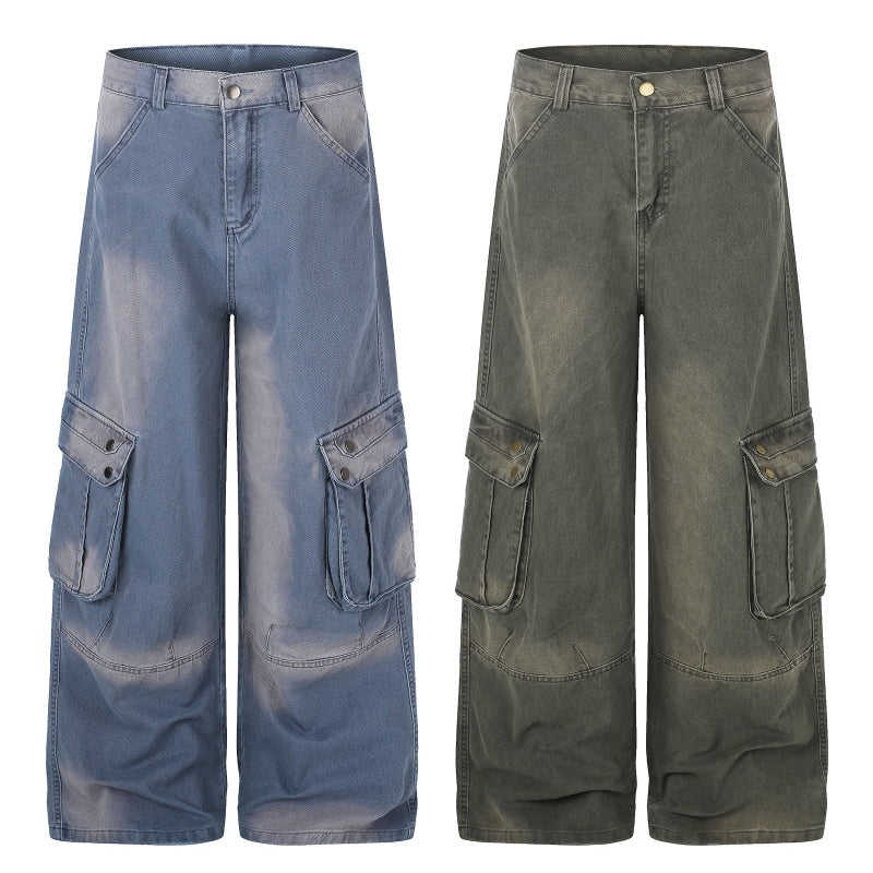 American-style streetwear harem pants Distressed Gradient Pocket Cargo Trousers
