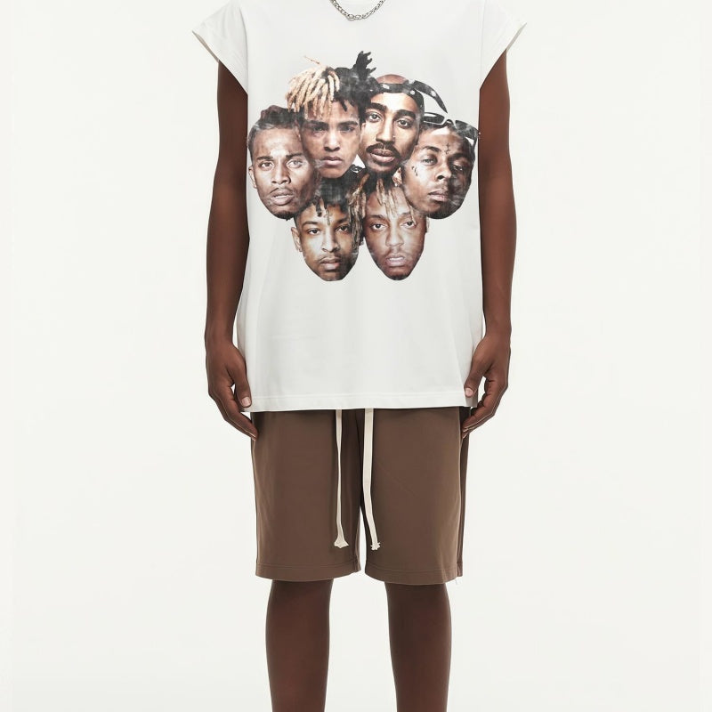 BIG FACE Drop-Shoulder Tank Top High-street vintage style featuring a small neckline, white-ink digital direct-to-garment (DTG) printing, and a heavy-duty, distressed wash finish; crafted from 260g double-yarn plain-knit fabric.