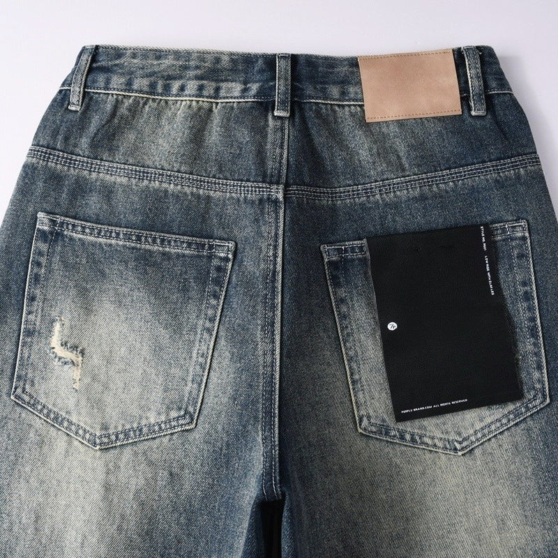Purple brand Jeans High-quality pure cotton streetwear trousers Rhinestone-embellished loose-fit straight-leg ripped trousers