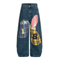 American-style streetwear harem pants Color Block Tartan Patch Baggy Denim