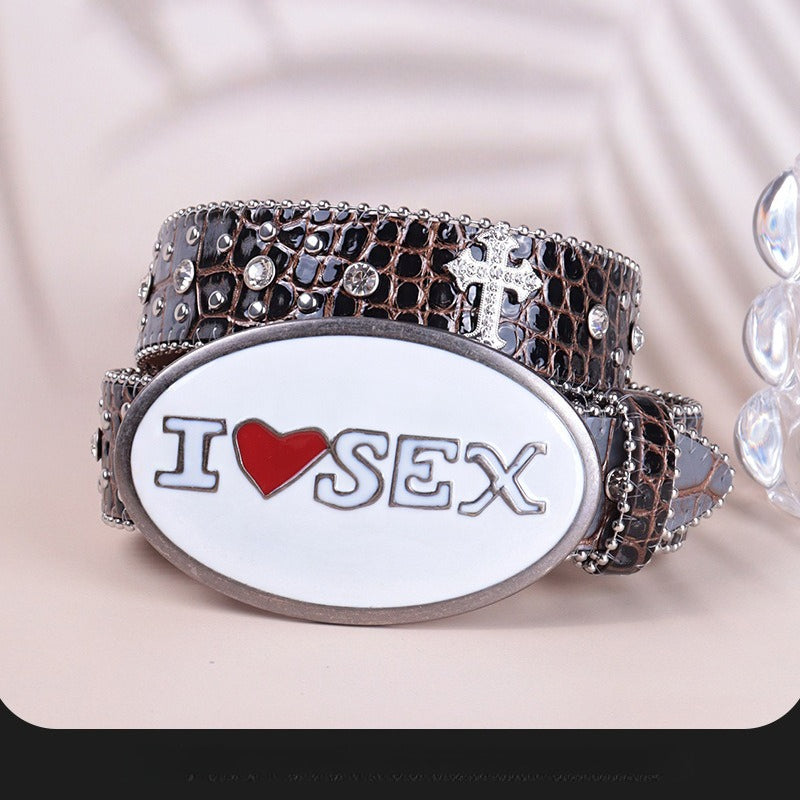 Hip-hop punk rhinestone belt heart plate buckle crocodile pattern belt