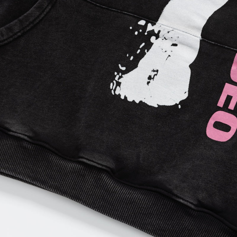 ERD Hoodie Washed Black Pullover Pink Vertical Letter Figure & Sleeve Print