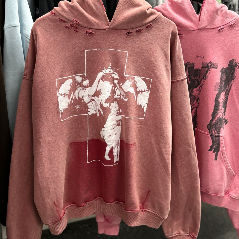 Unisex Vintage Hoodie [Heavy-Wash Faded Dark Red] Saint "Cross Holy" Limited Edition Distressed Hoodie — Featuring multi-area hand-distressing, custom fabric matched to the original in texture and color, and a heavyweight "Asut" enzyme-grind wash for