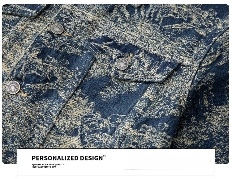 Denim Jacket & Jeans High-Street Trend Men's Vintage Toile de Jouy Scenic Print Denim Jacket and Jeans Set  Retro Casual Matching Artistic Landscape Graphic Trucker Jacket and Pants Outfit (jacket and jeans must be purchased separately.)