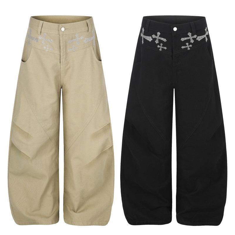 American-style streetwear harem pants Waist Cross Crystal Detail Draped Curved Pants