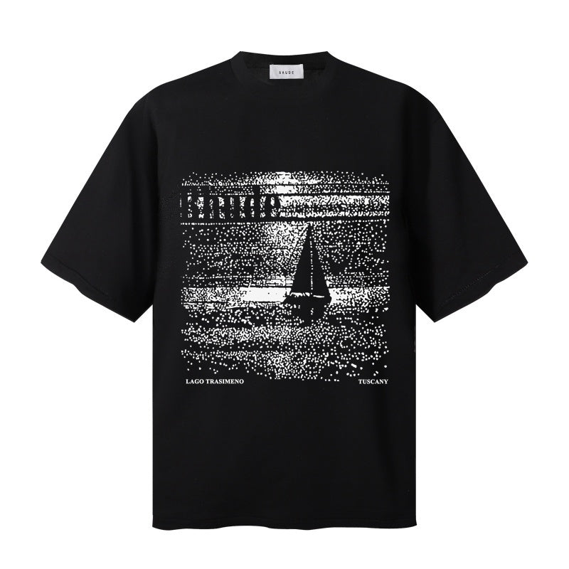 RHUDE T Shirts Monochrome Grunge Ocean‑Vessel Artwork