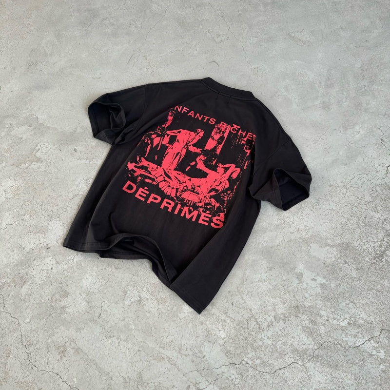 ERD T Shirts Dual Vertical Text Red Portrait Vintage Black Oversized Tee
