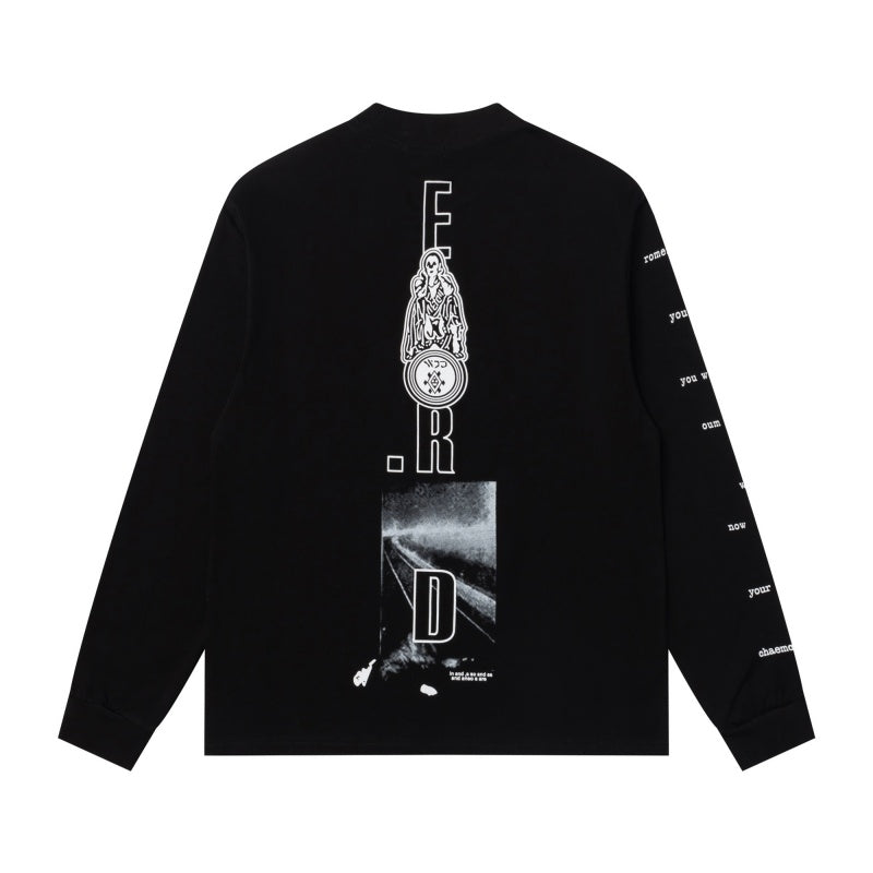 ERD Long sleeved shirt  Multi-Position Distressed Print Circular Portrait & Vertical Letter Motif