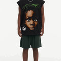BIG FACE Drop-Shoulder Tank Top High-street vintage style featuring a small neckline, white-ink digital direct-to-garment (DTG) printing, and a heavy-duty, distressed wash finish; crafted from 260g double-yarn plain-knit fabric.