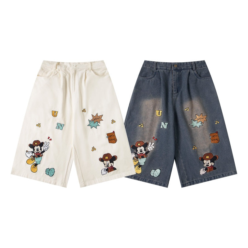 Street-style vintage Cropped trousers Retro Casual Hip Hop Patchwork Denim Jorts with Cute Character Embroidery