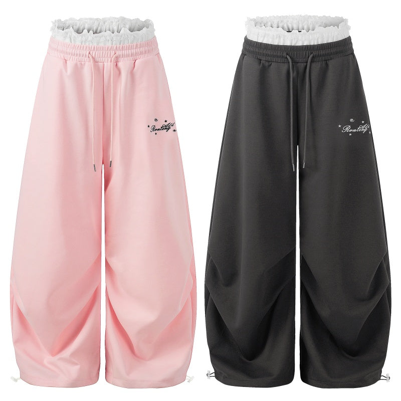American-style streetwear harem pants Frill Waist Script Print Loose Curved Trousers