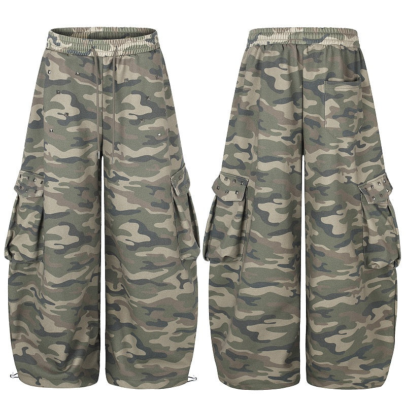 American-style streetwear harem pants Faded Camo Drawstring Wide Leg Cargo