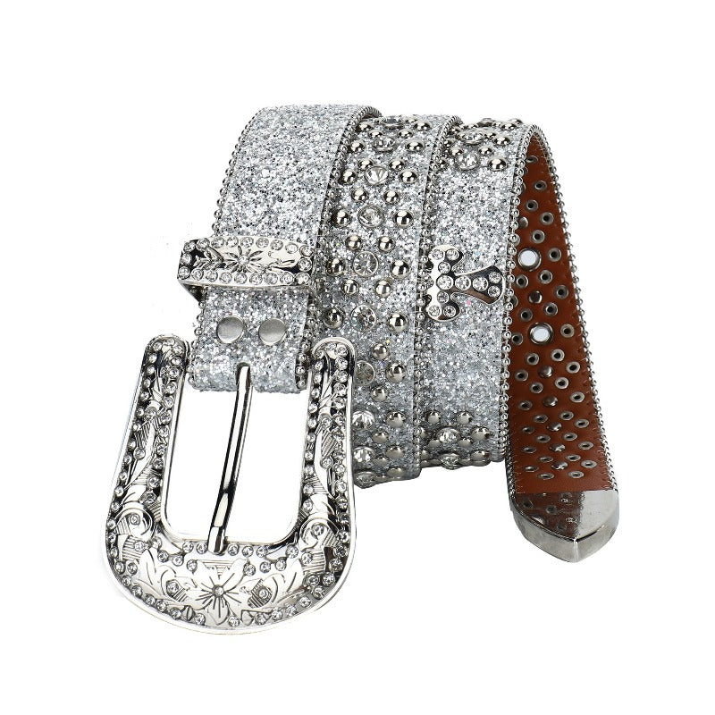 Hip-hop punk rhinestone belt silver glitter rhinestone