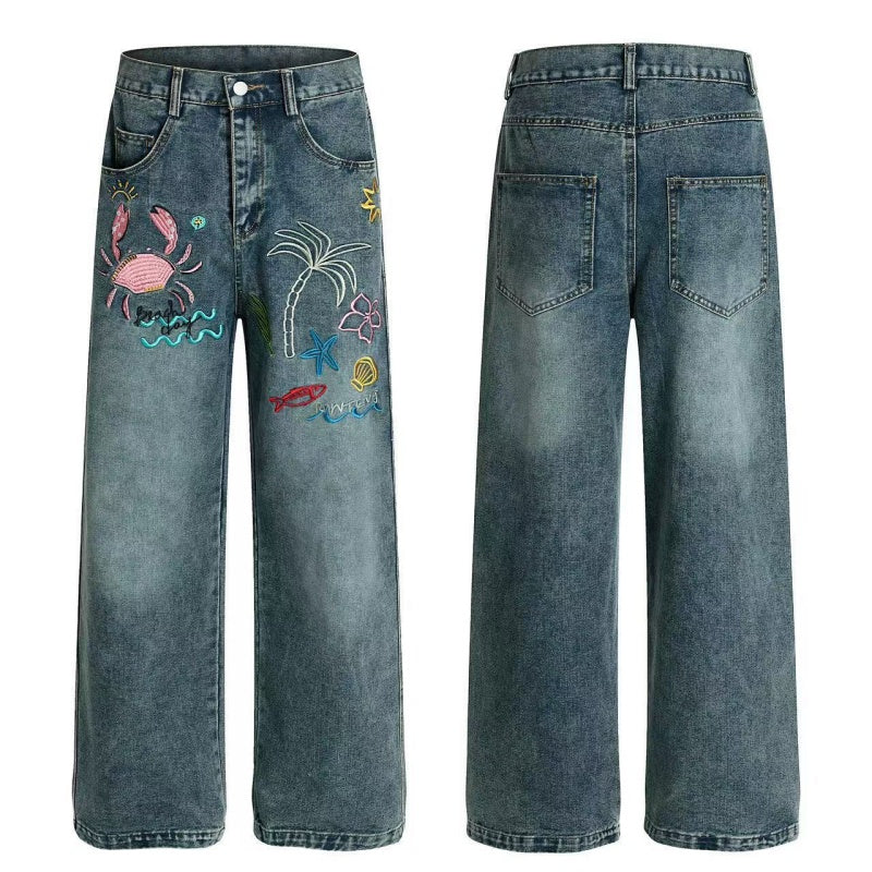 American-style streetwear harem pants Tropical Beach Marine Embroidery Baggy Denim
