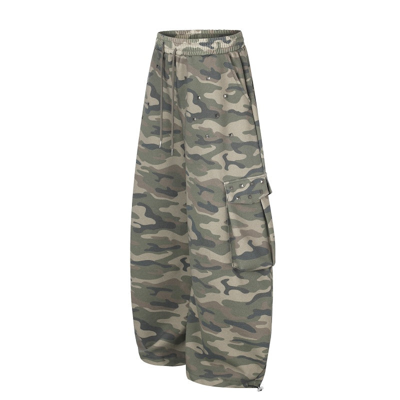 American-style streetwear harem pants Faded Camo Drawstring Wide Leg Cargo