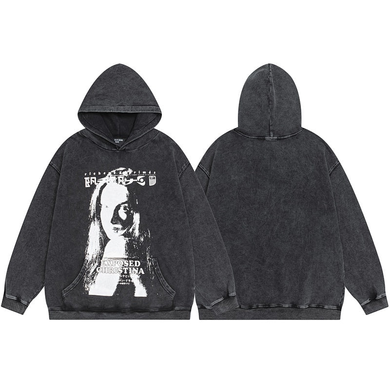 ERD Hoodie Acid Washed Dark Outerwear Front Monochrome Distorted Portrait Typography Print