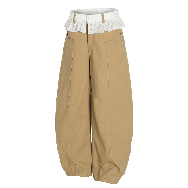 American-style streetwear harem pants Ruffle Lace Waist Wide Leg Trousers