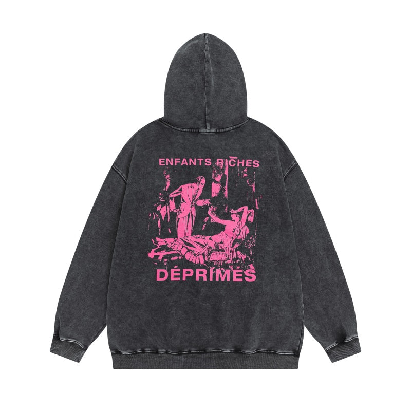 ERD Hoodie Retro Stone Wash Hooded Layer Vertical Letter Motif & Back Magenta Artwork