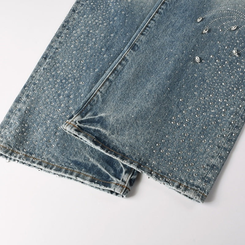 Purple brand Jeans High-quality pure cotton streetwear trousers Rhinestone-embellished straight-leg ripped jeans