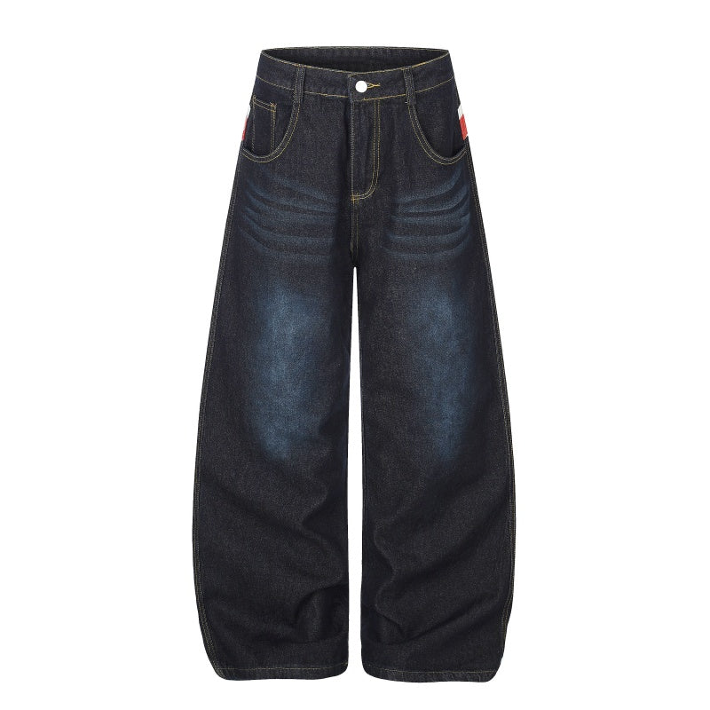 American-style streetwear harem pants Faded Washed Flag Detail Curved Barrel Trousers