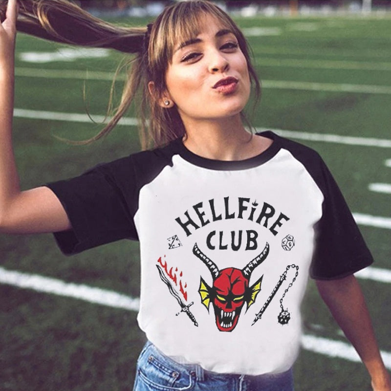 Mens T-shirt Vintage American-style "Stranger Things" Style Hellfire Club Print Raglan Tee