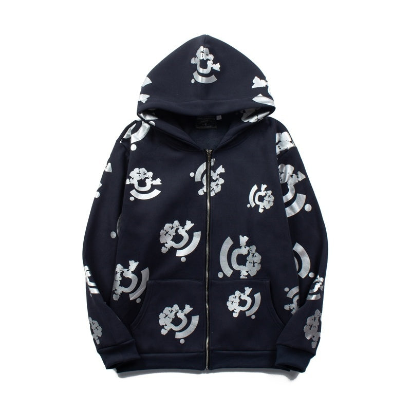 Denim Tears Hoodie Y2K All-Over Metallic Silver C-Logo Printed Oversized Zip Hoodie