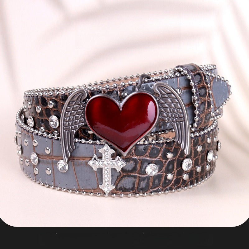 Hip-hop punk rhinestone belt heart buckle cross accessories