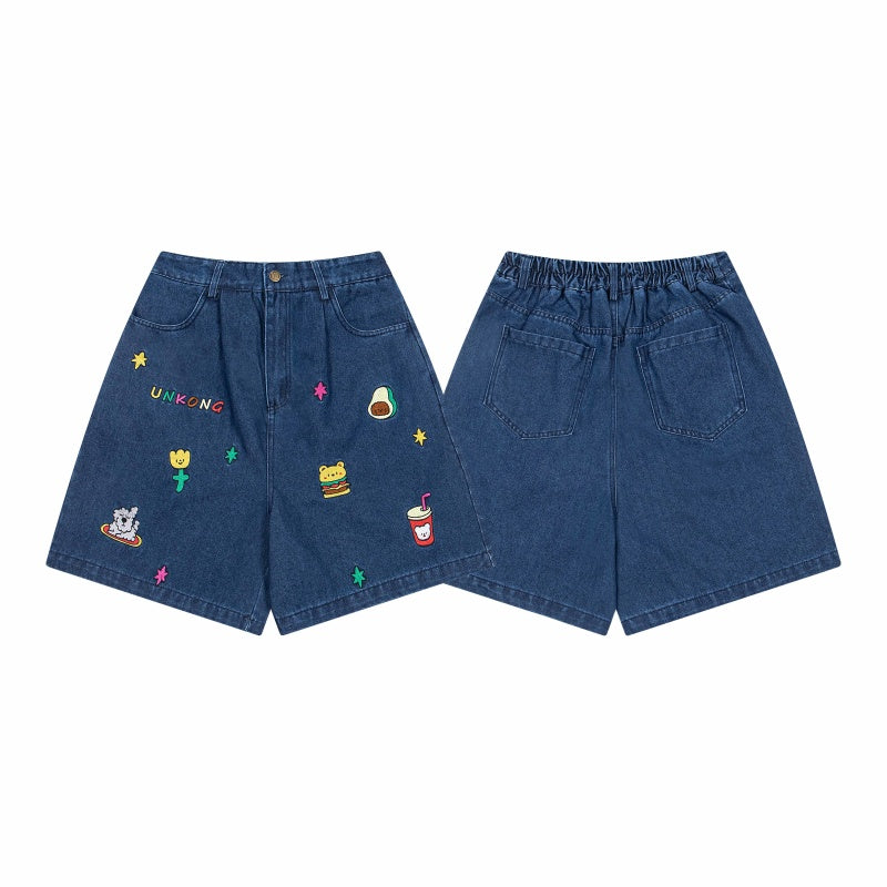 Street-style vintage denim shorts Women Japanese-style retro high-waisted loose denim shorts with playful embroidery