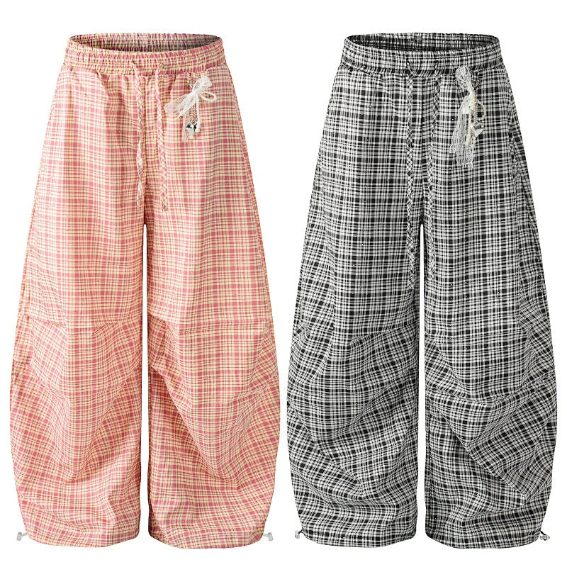 American-style streetwear harem pants Plaid Bow Tie Ruched Curved Bottoms