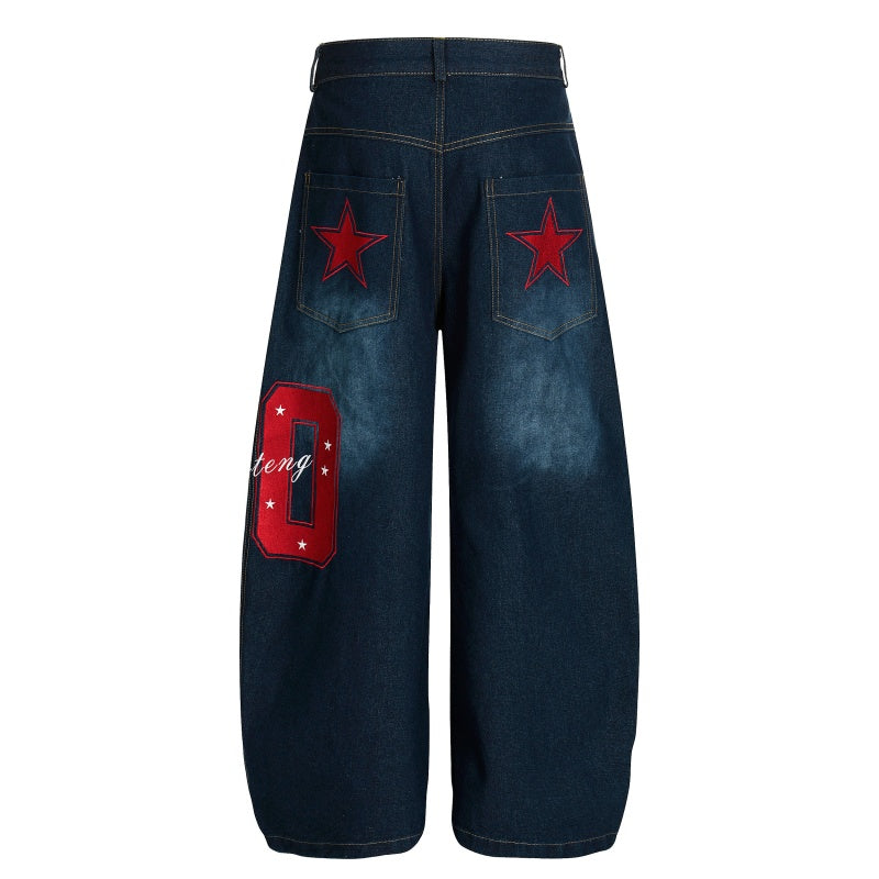 American-style streetwear harem pants Washed Star Embroidered Number Denim