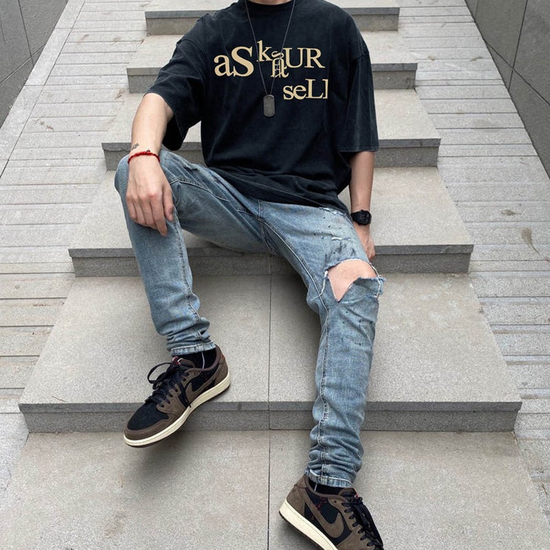 Mens T-shirt Vintage American-style Streetwear-style "Kanye" puff print