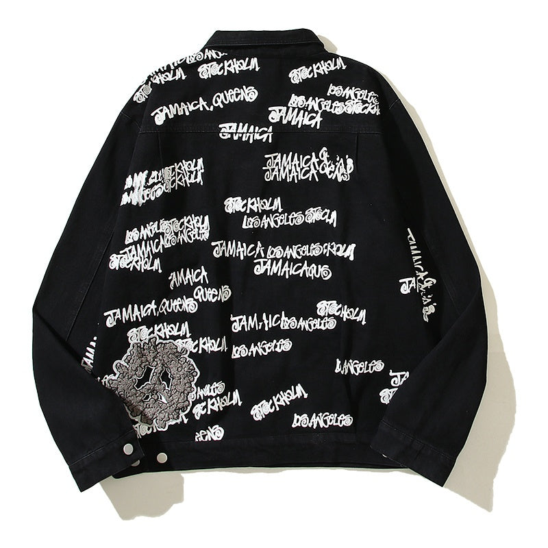American-style baseball jacket Stu x Tears American High-Street Collaboration: Denim Jacket Featuring All-Over "Barrage" Text Print and Embroidered Cotton Boll Motifs.