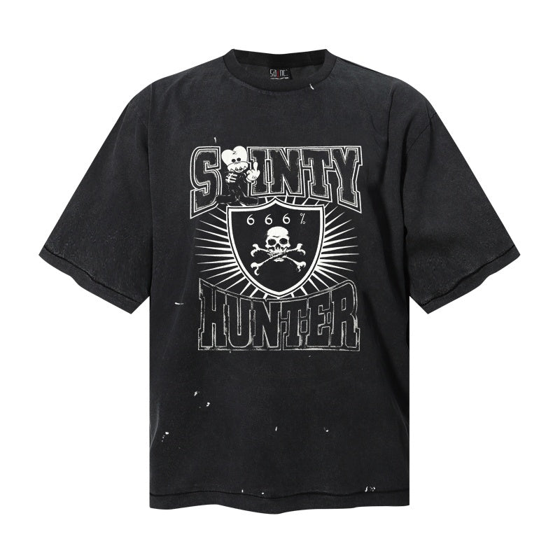 Saint Michael T Shirts Washed Black Distressed Saintly Hunter Shield Skull Crossbone Vintage Graphic