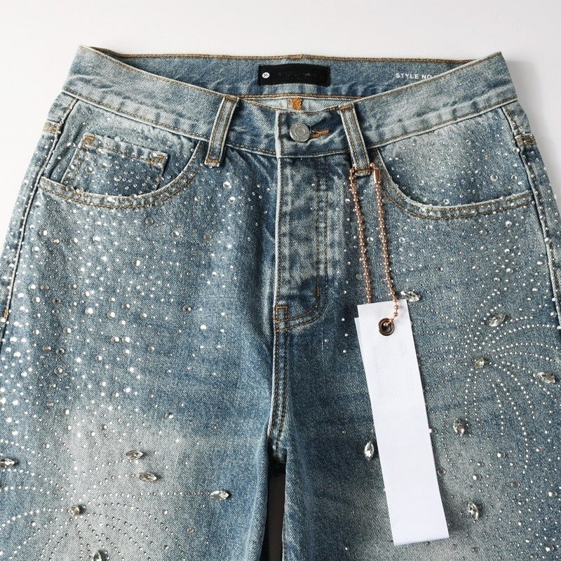 Purple brand Jeans High-quality pure cotton streetwear trousers Rhinestone-embellished straight-leg ripped jeans