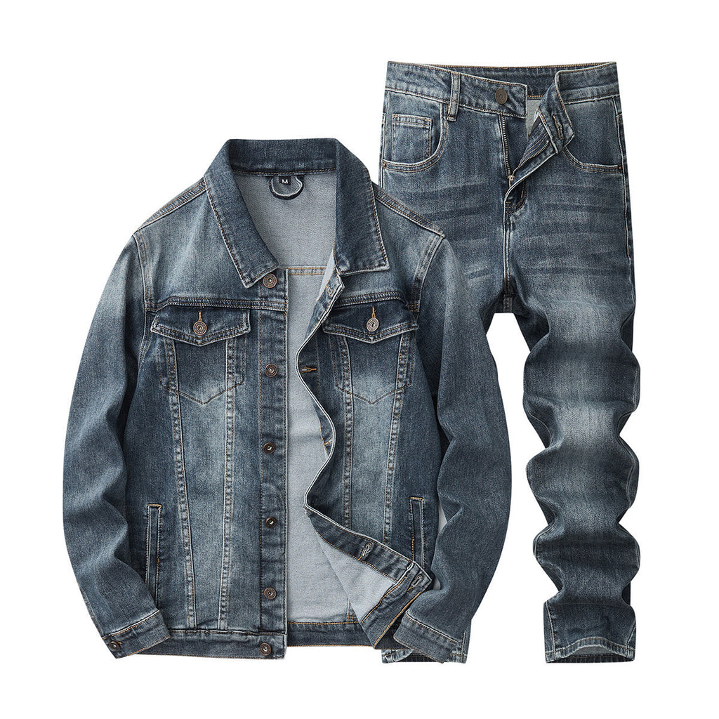 Denim Jacket & Jeans High-Street Trend Retro Casual Matching Distressed Denim Trucker Jacket and Slim-Fit Pants Outfit (jacket and jeans must be purchased separately.)
