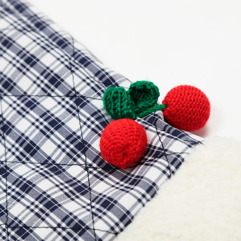 American-style streetwear harem pants Blue Check Plush Lined Cherry Decor Wide Cotton-padded trousers