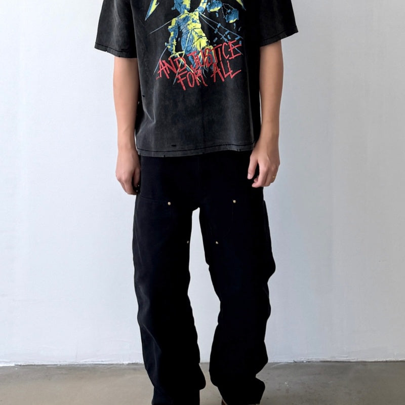 Unisex Vintage T Shirts Saint × BerBerJin × Metallica three-way collaboration washed short-sleeve tee. Features vintage single-stitch construction, heavy enzyme-wash finish, and distressed "cut-and-tear" detailing across multiple areas.