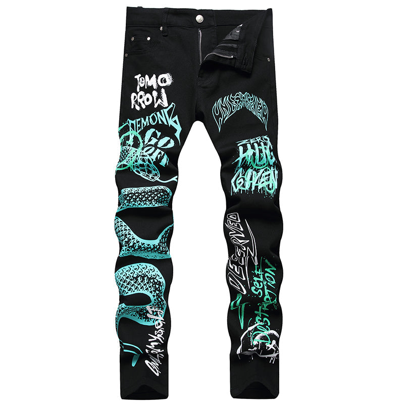 Mens Fashion Jeans Green Snake Street Graffiti 5705# Pure cotton high quality