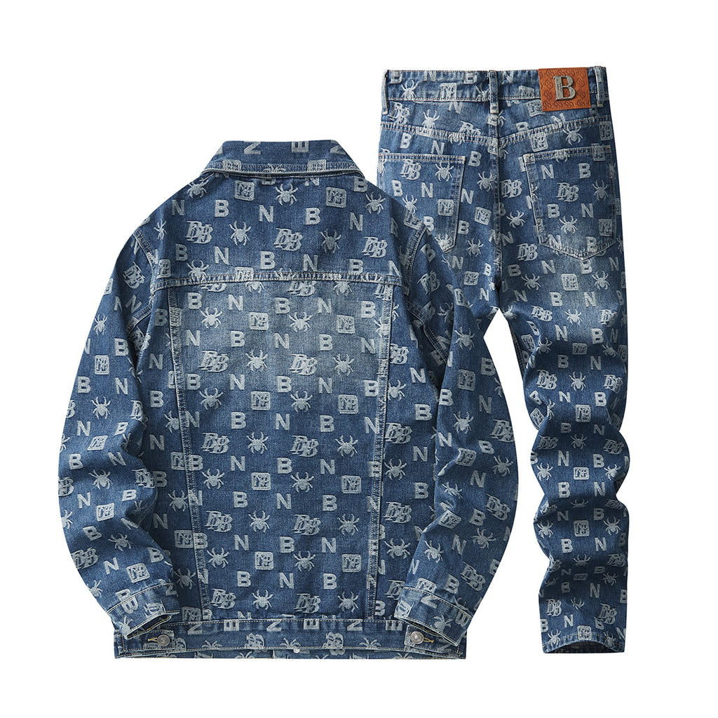 Denim Jacket & Jeans High-Street Trend Retro Casual Matching Monogram Graphic Trucker Jacket and Slim-Fit Pants Outfit (jacket and jeans must be purchased separately.)