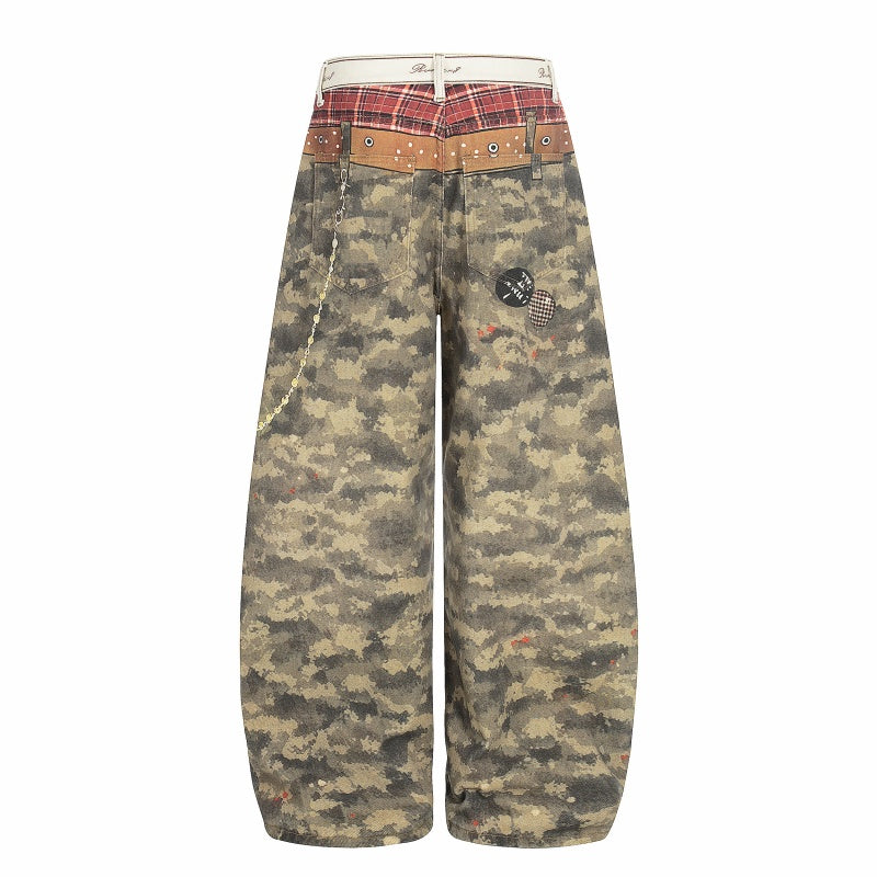 American-style streetwear harem pants Camo Patch Chain Accent Barrel Trousers