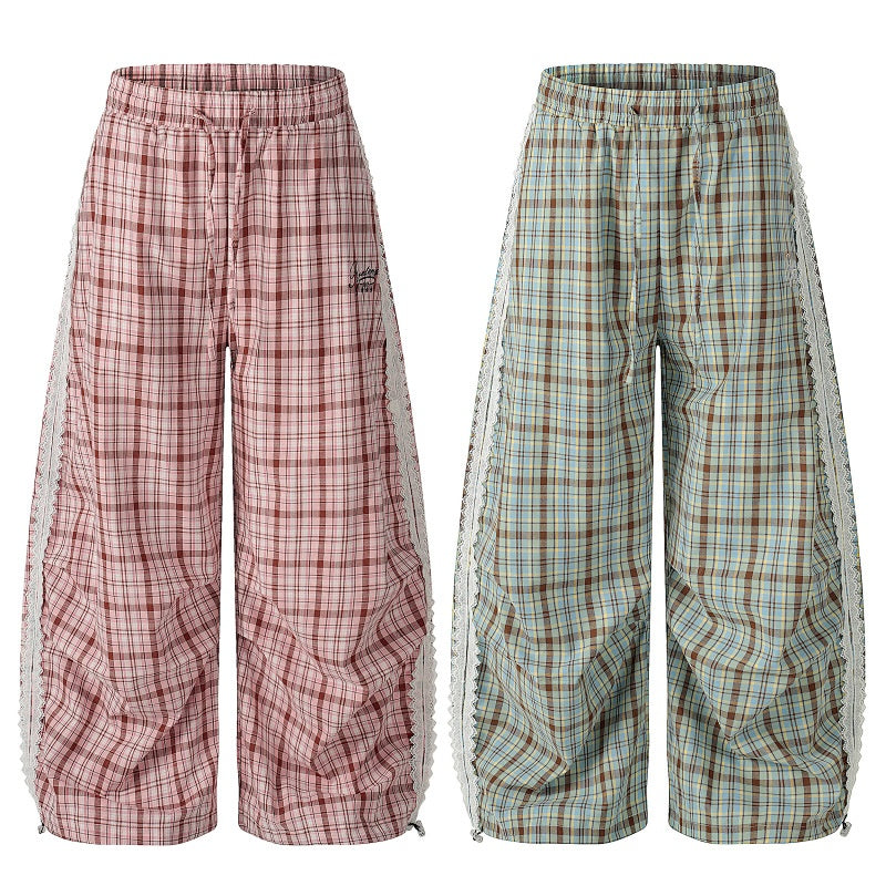 American-style streetwear harem pants Plaid Fringe Trim Ruched Curved Bottoms