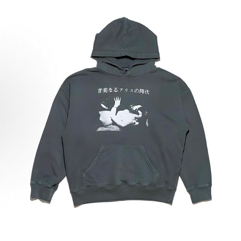 ERD Hoodie Vintage Faded Grey-Green Loose Top Retro Japanese Script Art Graphic