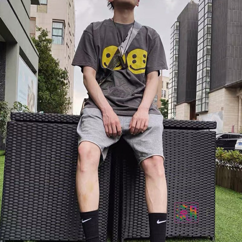 Mens T-shirt Vintage American-style Trendy "Kanye-style" oversized tee featuring a "double-yolk" smiley face design with puff print.
