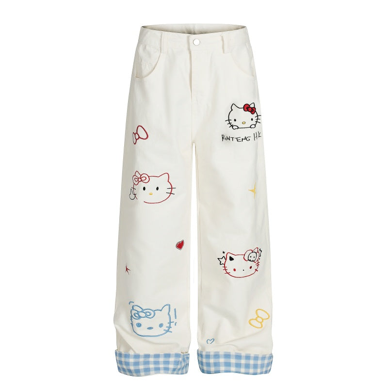 American-style streetwear harem pants Cute Cartoon Cat Stitched Roll Hem Denim