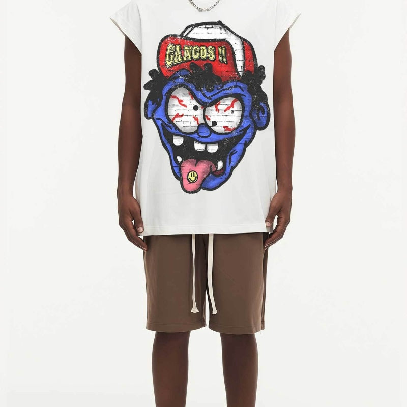 BIG FACE Drop-Shoulder Tank Top High-street vintage style featuring a small neckline, white-ink digital direct-to-garment (DTG) printing, and a heavy-duty, distressed wash finish; crafted from 260g double-yarn plain-knit fabric.