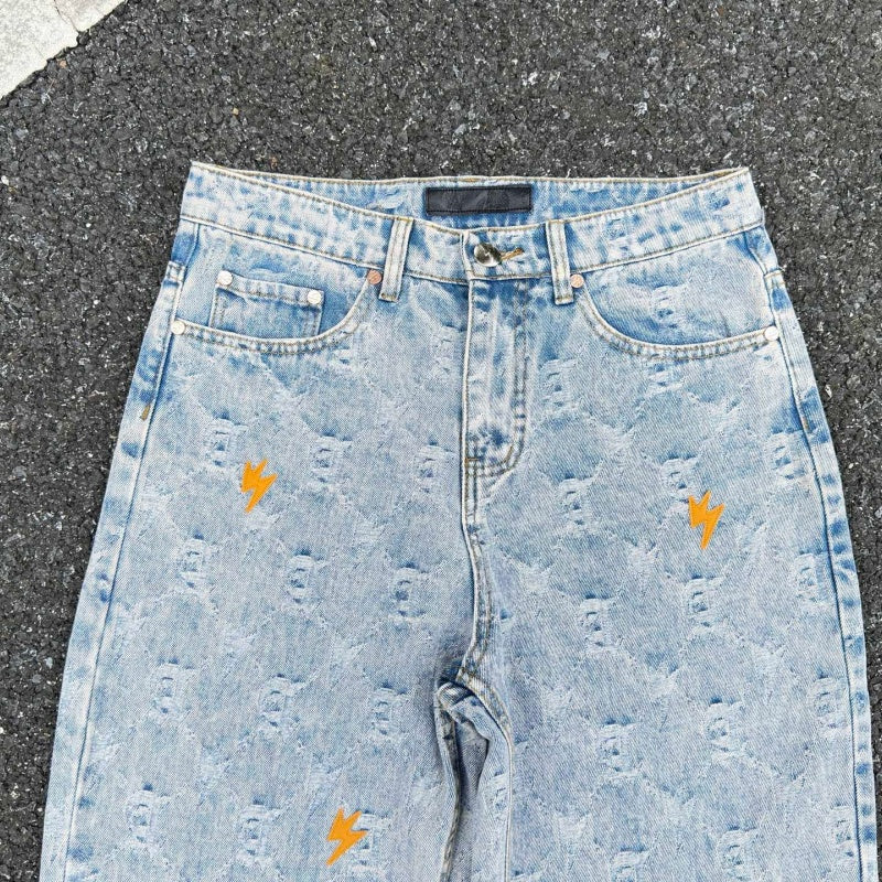 Lightning Pattern Jeans High-quality high-street pure cotton trousers
